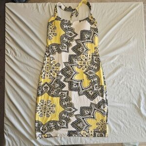 Y2K Vintage CACHE HALTER‎ DRESS SIZE 10 Tie Back Yellow And White Spring Summer